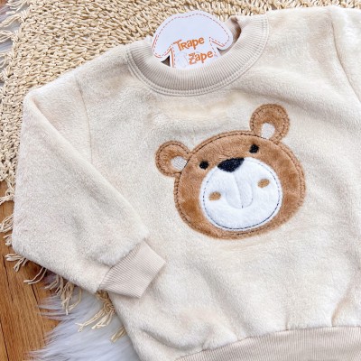 Conj. Casaco de Pelinho Ursinho e Calça de Moletom - Areia